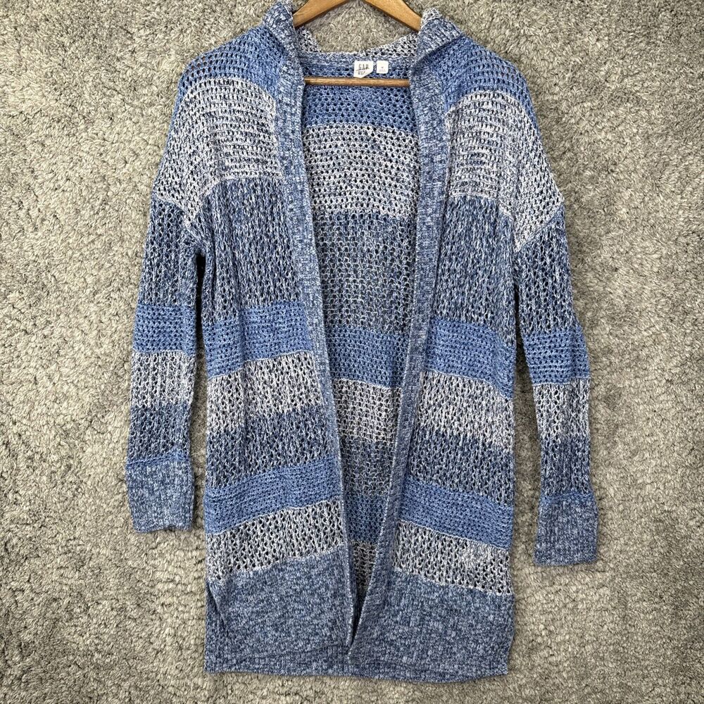Gap Women’s Longline Hooded Open Cardigan Sweater Size Medium 100% Cotton Blue